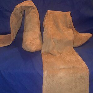 Taupe Suede Pointy Toe High Heel Thigh High Boots